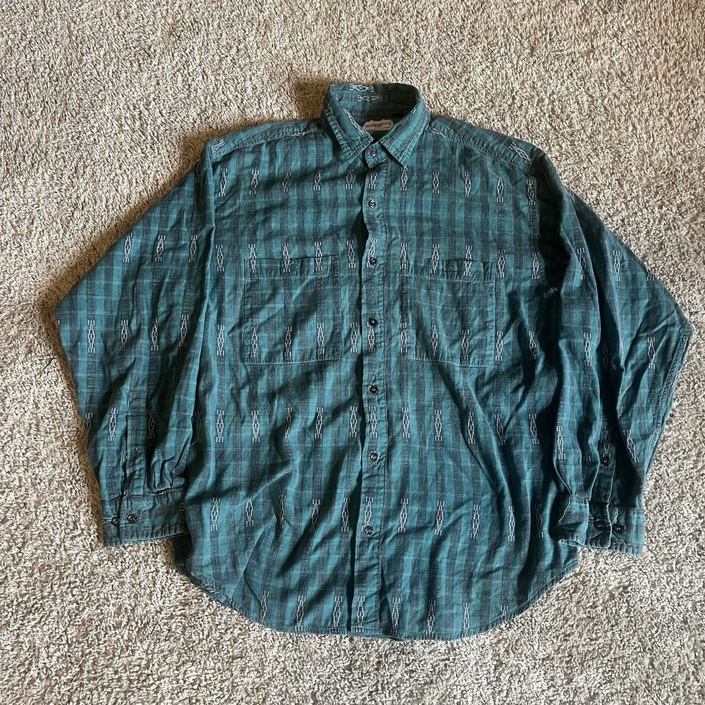 Vintage 90s Western Style Aztec Button Up Collared Shirt Men's Large‎ Green